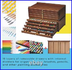 10-Drawer Art Supply Storage Box, Beech Wood Art Box, Large Capacity Wooden Penc