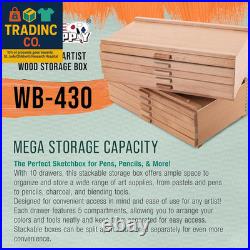 10-Drawer Artist Tool Supply Box with 5 Compartments per Drawer Hardwood Art B
