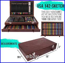 145 Pcs Mega Wood Box Painting and Drawing Set in Storage Case, 2 Sketch Pads, 2