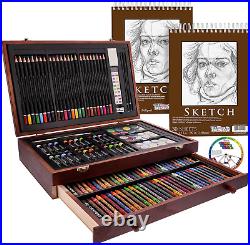 145 Pcs Mega Wood Box Painting and Drawing Set in Storage Case, 2 Sketch Pads, 2