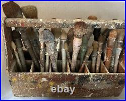 25 Vintage French Artist Paint Brushes With Paint Tool Box Antique And Rare