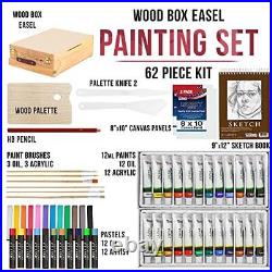 62-Piece Artist Painting Set with Wood Box Easel and 12 Easel with Supplies