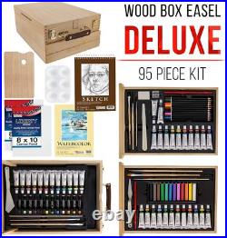 95 Piece Wood Box Easel Painting Set Oil Acrylic Watercolor Paint Colors Brushes