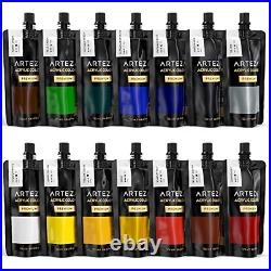ARTEZA Acrylic Paint, Set 14 Colors/Pouches 120 ml/4.06 oz. With Storage Box, &