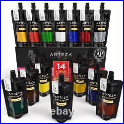 ARTEZA Acrylic Paint, Set 14 Colors/Pouches 120 ml/4.06 oz. With Storage Box, &