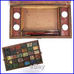Antique 19th Century Watercolor Set of 30 Dried Pan Colors in Hinged Wooden Box