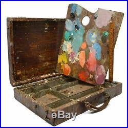 Antique ARTIST'S PAINTERS BOX Hardwood with Metal ORIGINAL PAINTED PALETTE Patina