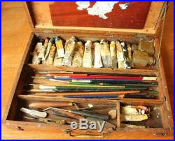 Antique Artist Box. Decorative Victorian Paint Box. Oil Paint Brushes Pallet
