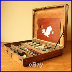 Antique Artist Box. Decorative Victorian Paint Box. Oil Paint Brushes Pallet