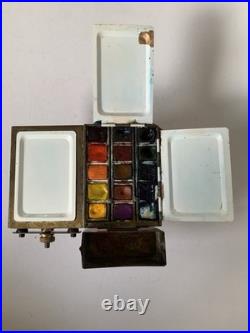 Antique Brass Metal Watercolour Paint Travel Field Box Palette RARE Vintage
