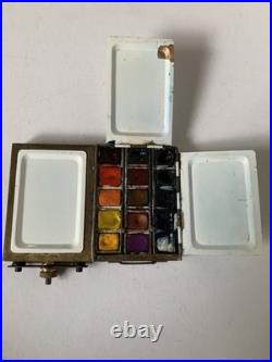Antique Brass Metal Watercolour Paint Travel Field Box Palette RARE Vintage