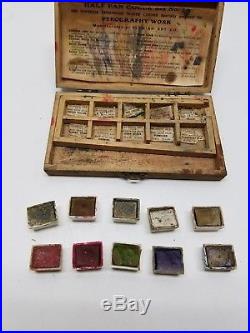 Antique Flemish Art Pyrography Kit 1890s Water Color Paints Wood Box Palette Lot