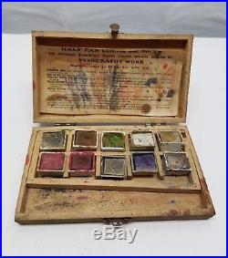 Antique Flemish Art Pyrography Kit 1890s Water Color Paints Wood Box Palette Lot