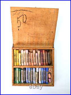 Antique Pastels Girault of France, 29 Colors in Original Wooden Box, VG Cond