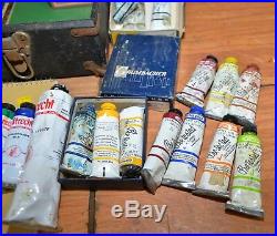 Antique artist paint box brushes easel vintage collectible painting tool lot