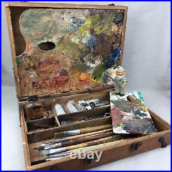 Art Crayon Co Vintage Artist's Paint Box Lot Wooden Case Pallet Paint Brushes