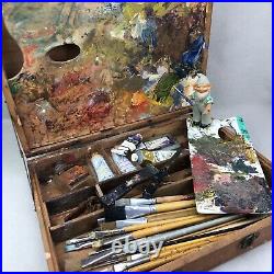 Art Crayon Co Vintage Artist's Paint Box Lot Wooden Case Pallet Paint Brushes