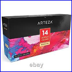 Arteza Acrylic Paint, Set 14 Colors/Pouches 4.06 oz, 120 ml with Storage Box, &