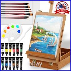 Caja de caballete de madera de haya con 12 pinturas acrílicas, lienzos y pinceles