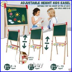 Easel for Kids, Adjustable Wooden Art Easel for Kids, 114+ Art Supplies, Double Sid