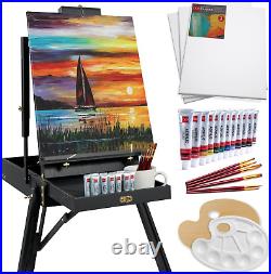 French Easel, 32Pc Beginners Kit Portable Wooden Folding Adjustable Sketch Box A
