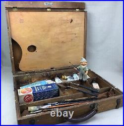 Grumbacher Vintage Artist's Paintbrush Box Lot Wooden Box Case Pallet Brushes