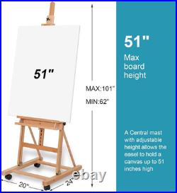 H-Frame Studio Easel, Beechwood Artist Easel with Wheels and Storage Tray, Adjus