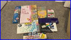 Joblot Of Art Materials, Pads, Pastels, Pens, Pencils. In Wooden Box. New + used