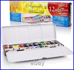 L'Aquarelle French Watercolor Paint, Metal Set of 18 Half Pans