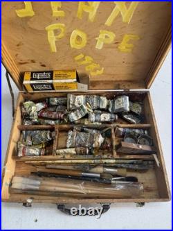 Lot of Vintage Shiva Soft Oil Paints with Dove Tail Hinged Wood Box & Brushes