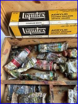 Lot of Vintage Shiva Soft Oil Paints with Dove Tail Hinged Wood Box & Brushes