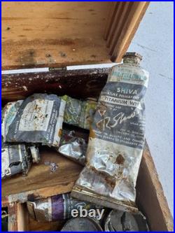 Lot of Vintage Shiva Soft Oil Paints with Dove Tail Hinged Wood Box & Brushes