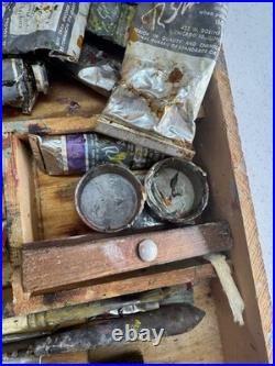 Lot of Vintage Shiva Soft Oil Paints with Dove Tail Hinged Wood Box & Brushes