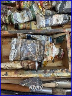 Lot of Vintage Shiva Soft Oil Paints with Dove Tail Hinged Wood Box & Brushes