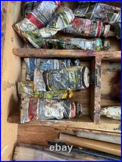 Lot of Vintage Shiva Soft Oil Paints with Dove Tail Hinged Wood Box & Brushes