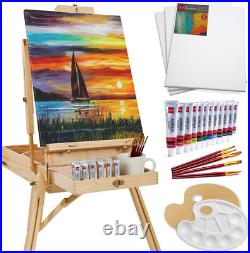 Portable 32Pc French Easel Kit for Beginners Wood Tripod, Paints & Canvases