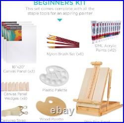 Portable 32Pc French Easel Kit for Beginners Wood Tripod, Paints & Canvases