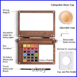 Portable Paint Set, Solid Wood Palette with 24 Colors, No. 12 Travel Brush, C