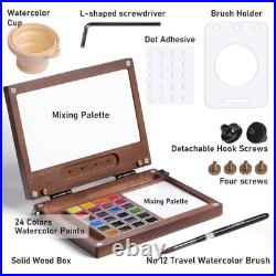 Portable Paint Set, Solid Wood Palette with 24 Colors, No. 12 Travel Brush, C