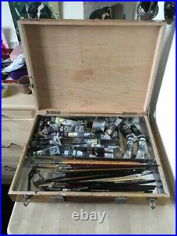 REDUCED Vintage German 1970s Wood Artists Paint Box + Brushes + Paints Display