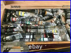 REDUCED Vintage German 1970s Wood Artists Paint Box + Brushes + Paints Display