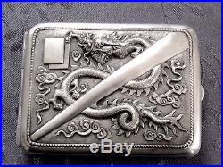 SOLID SILVER CHINA CHINESE EXPORT SILVER CIGARETTE CASE BOX DRAGON ANTIQUE 4.5oz
