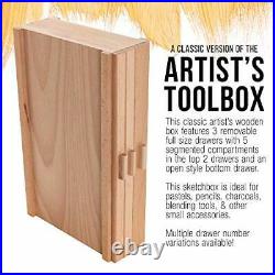 US Art Supply 3 Drawer Artist Toolbox Wooden Pastel Pencils Charcoal Storage Box