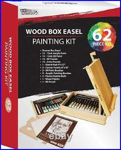 US Art Supply 62-Piece Wood Box Easel Painting Set- Box Easel, Acrylic and Oil