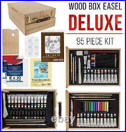 U. S. Art Supply 107 Piece Wood Box Easel Painting Set Oil, Acrylic, Paint and