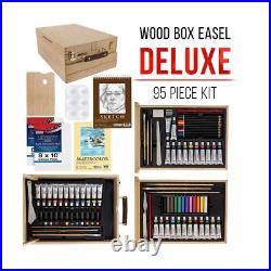 U. S. Art Supply 109 Piece Wood Box Easel Painting Set Oil, Acrylic, Waterco