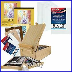U. S. Art Supply 109 Piece Wood Box Easel Painting Set Oil Acrylic Watercolo