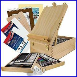 U. S. Art Supply 109 Piece Wood Box Easel Painting Set Oil Acrylic Watercolo