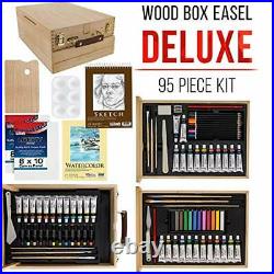 U. S. Art Supply 122 Piece Wood Box Easel Painting Set Oil Acrylic Watercolo