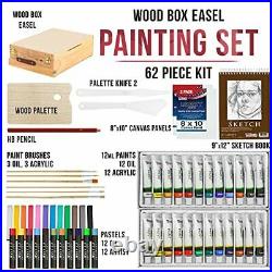U. S. Art Supply 62-Piece Artist Painting Set with Wood Box Easel and 12 Acryl